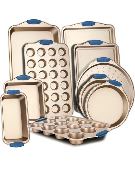 About this item 10-PIECE SET: The 10-Piece Baking Pan Set offers complete high quality kitchenware for baking cake, loaf or muffins. Includes baking pan, pizza pan, small/big cookie sheet, 2 round pans, square pan, loaf pan, and 12-cup & 24-cup muffin pans NON-STICK COATING: Made from durable & BPA-free carbon steel metal & it’s shielded w/ non-stick coating that eliminates the need for butter, oil or cooking spray. Also for quick & effortless food release plus it does not emit any weird odor o Baking Pans Set, Pan Cookies, Baking Trays, Oven Pan, Cookie Sheets, Square Pan, Muffin Pans, Baking Essentials, Kitchen Oven