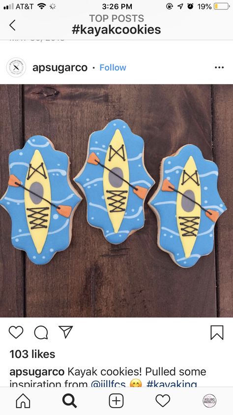 North Carolina Cookies Decorated, Boating Cookies Decorated, Lake Decorated Cookies, Kayak Cookies, Boat Cookies, Cookie Jar Ideas, Ninja Cookies, House Cupcakes, Beach Themed Cookies