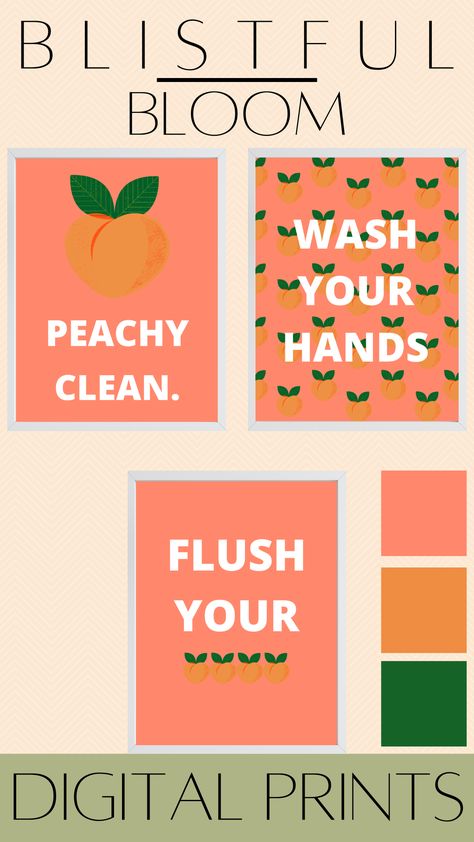 Bright & Fun Bathroom Wall Decor Peachy Clean, Peach Bathroom, Dorm Bathroom, Green Bathroom, Kids Bathroom, Guest Bath, Clean Hands, Bathroom Wall Decor, Bathroom Cleaning