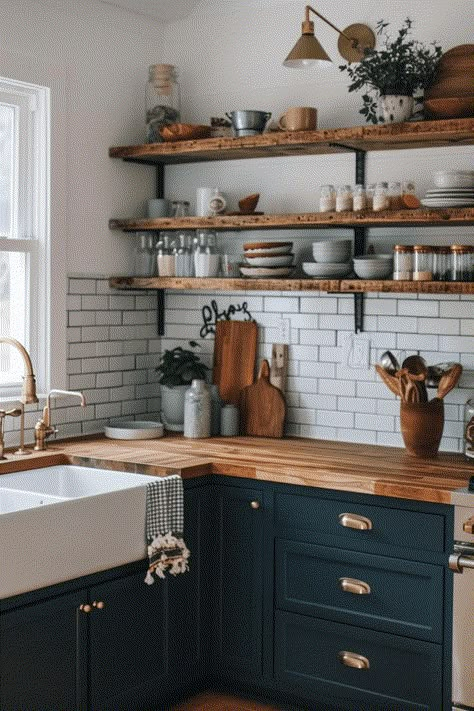 Blue Kitchen Cabinets With Butcher Block Countertops, Dark Navy Blue Cabinets Kitchen, Blue Cabinets Butcher Block Countertops, Small Kitchen Island With Butcher Block Top, Navy Blue Cabinets With Butcher Block, Butcher Block Navy Cabinets, Galley Kitchen Butcher Block Counter, Dark Blue Cupboards Kitchen, Home Decor Ideas Navy Blue