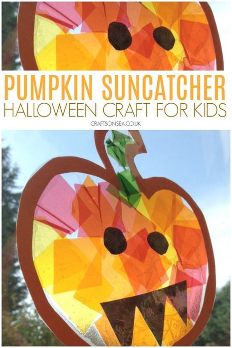 Pumpkin Suncatcher, Stained Glass Pumpkin, Halloween Crafts Preschool, Halloween Crafts For Toddlers, October Crafts, Suncatcher Craft, Halloween Arts And Crafts, Halloween Preschool, Games Diy