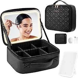 Amazon.com: PEEH Travel Makeup Bag, Cosmetic Case Make Up Organizer Bag with Adjustable Lighted Mirror 3 Color and Detachable 10x Magnifying Mirror, Adjustable Dividers Makeup Train Case Gift for Women (Black) : Beauty & Personal Care Lighted Makeup Mirror, Brush Storage, Makeup Train Case, Makeup Brush Storage, Lighted Mirror, Makeup Travel Case, Make Up Organiser, Makeup Mirror With Lights, Magnifying Mirror