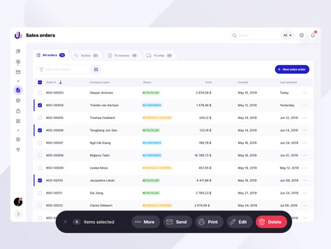 Whats up, guys 👋  Today I'm sharing with you piece of a project I'm currently working on. Here's table view of sales orders page with batch edit action bar.  Check also my Behance ||  Instagram Tabs Ui, Table Ui, List Ui, Application Ui Design, To Do App, Software Ui Design, Ui Design Dashboard, Wireframe Design, Data Table