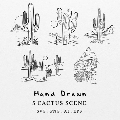 NookPaper - Etsy Poland Cactus Desert Illustration, Desert Cactus Drawing, Saguaro Cactus Drawing, Desert Landscape Drawing, Arizona Drawing, Cactus Line Drawing, Desert Doodles, Cacti Illustration, Desert Clipart