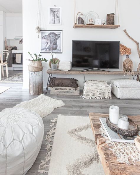 Grey And Boho Living Room, Living Room Decor With Grey Flooring, Boho Bedroom Gray Floor, White And Grey Boho Living Room, Home Decor Ideas With Gray Floors, Modern Rustic Living Room Grey Floors, Gray Floor Furniture Ideas, Grey Flooring Living Room Furniture Boho, Grey Boho Living Room Ideas