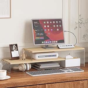 YGYQZ Wood Adjustable Monitor Riser for Desk, 2 Tier Dual Monitor Stand with Acrylic Legs Office Desk Shelf Organizer for Laptop, PC, Printer, Computer (wood-flat) Dual Monitor Desk, Printer Computer, Work Desk Decor, Dual Monitor Stand, Desk Riser, Monitor Riser, Dual Monitor, Shelf Organizer, Acrylic Legs