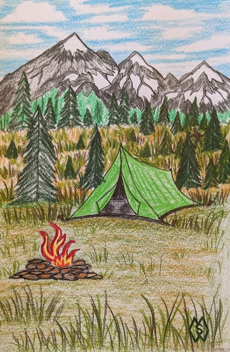 This is my drawing of a campsite located in bigfoot territory. Bigfoot can barely be seen in the distant thick woods. Campsite Drawing, Going Camping, November 19th, Daily Art, Custom Paint, Art Day, Lovers Art, Color Me, Taj Mahal