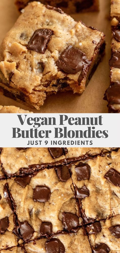 Vegan peanut butter blondies with a crackly top, gooey chocolate chips and the best chewy center. Soft and buttery treats that are super easy to make. Healthy Vegan Dessert, Vegan Blondies, Superbowl Recipes, Cookie Brownies, Chocolate Chip Blondies, Dairy Free Chocolate Chips, Easter Desserts, Blondies Recipe, Vegan Peanut Butter