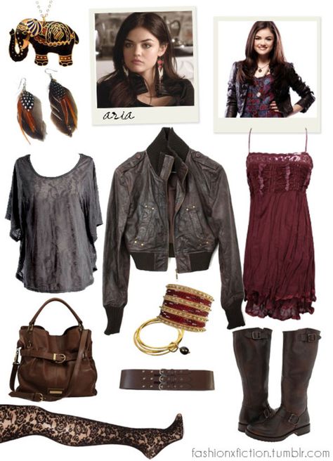 Aria from pretty little liars :) Aria Outfits, Pll Outfits Inspiration, Pretty Little Liars Aesthetic Outfits, Pretty Little Liars Inspired Outfits, Pretty Little Liars Outfits Inspiration, Aria Montgomery Jewelry, Aria Season 1 Outfits, Aria Pll Outfits, Aria Montgomery Outfits