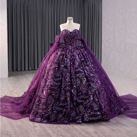 Sweetheart Floral Deep Purple Party Ball Gown Quinceañera Dress Sequin Lace Wedding Dress, Purple Ball Gown, Confirmation Dresses, Strapless Prom Dress, Quince Dress, Purple Party, Formal Wear Dresses, Fairytale Dress, فستان سهرة