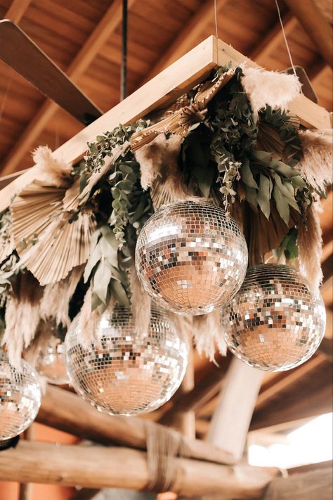 Over Dance Floor Decor, Disco Balls Over Dance Floor Wedding, Boho Dance Floor Wedding, Large Wedding Decor, Botanical Disco Wedding, Boho Wedding Ceiling Decor, Wedding Disco Ball Dance Floors, Rustic Disco Wedding, Elegant Disco Wedding