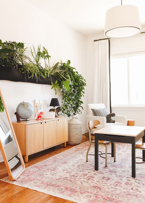 A view of our playroom with plant wall and new rug! | What to Look for When Buying a Vintage Rug, via Yellow Brick Home 2nd Living Room Ideas, Room Plants Decor, Living Room With Plants, Plants In Living Room, Living Room Plants Decor, Play Therapy Room, Plants Living Room, Style Plants, Yellow Brick Home