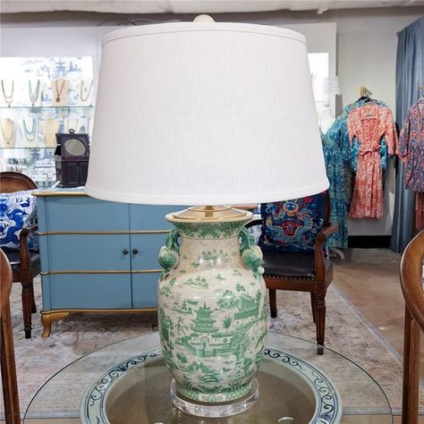 Porcelain Vase Lamp With Green Village Scene – The Well Appointed House Green And White Chinoiserie, Chinoiserie Lamp, Chinoiserie Table, Pagoda Garden, Hand Painted Table, Malachite Green, Vase Lamp, Porcelain Lamp, Jar Lamp