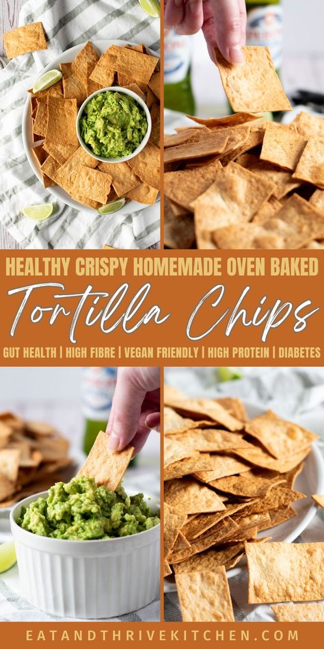 These homemade Tortilla Chips are the perfect healthy snack recipe! Made from corn or flour tortillas, baked in the oven (or air fryer) until crispy & crunchy. Why make from scratch when it is so easy to make diy tortilla chips? Serve them seasoned with your favourite Mexican dips, or use them to make oven baked nachos! Using high protein, fibre & low carb tortillas is a great way to make healthy tortilla chips. Learn to make these homemade Tortilla Chips recipe & more at eatandthrivekitchen.com Diy Tortilla Chips, Oven Baked Tortilla Chips, Healthy Tortilla Chips, Tortilla Chips Recipe, Vegetarian Drinks, Healthy Nachos, Healthy Tortilla, Baked Nachos, Vegetarian Healthy Recipes