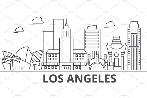 Los Angeles architecture line skyline illustration. Linear vector cityscape with famous landmarks, city sights, design icons. Landscape wtih editable strokes by urban icon on @creativemarket Mehndi Logo, Landmarks Illustration, Vector Cityscape, Skyline Illustration, Los Angeles Architecture, Urban Icon, Mlk Day, Skyline Silhouette, Geometric Art Prints