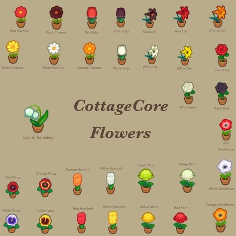 Flowers for a CottageCore Island (Animal Crossing) Acnh Cottagecore Starter Pack, Acnh Cottagecore Guide, Acnh Cottagecore Flowers, Best Cottagecore Villagers Acnh, Acnh Fall Flowers, Cottagecore Aesthetic Acnh, Acnh Cottagecore Designs, Cottage Core Acnh Island, Acnh Cottagecore Names