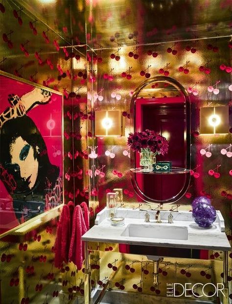 Powder bath in the home of Andy Cohen. Love the "Cherry Forever" wallpaper by Flavor Paper and of course Andy Warhol's portrait of Diane von Furstenburg. Modern Luxury Bathroom, Bathroom Top, Bad Design, Bathroom Wallpaper, Tile Ideas, Small Bathroom Decor, Laundry Rooms, Print Wallpaper, Civil Engineering