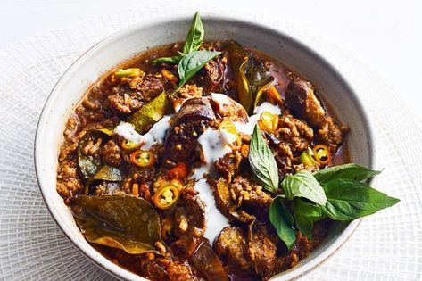 Pork and eggplant jungle curry Jungle Curry, Pork Mince Recipes, Mince Recipes, Tuscan Chicken, Lentil Stew, Green Lentils, Eggplant Recipes, Meat Dishes, Curry Recipes