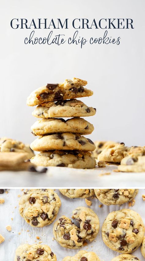 These graham cracker chocolate chip cookies feature a soft and chewy cookie base stuffed to capacity with graham cracker chunks and gooey chocolate chips. Cracker Chocolate, Graham Cracker Recipes, Cookie Base, Basic Cookies, Peanut Butter Granola, Chocolate Graham Crackers, Kinds Of Cookies, Culinary Art, Chewy Chocolate Chip