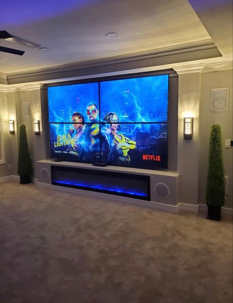 Big Tv In Living Room, Huge Tv In Living Room, Two Tvs In One Room Ideas, Huge Tv, Theater Rooms, Minimal Interior, Minimal Interior Design, Dark Blue Wallpaper, Loft Ideas