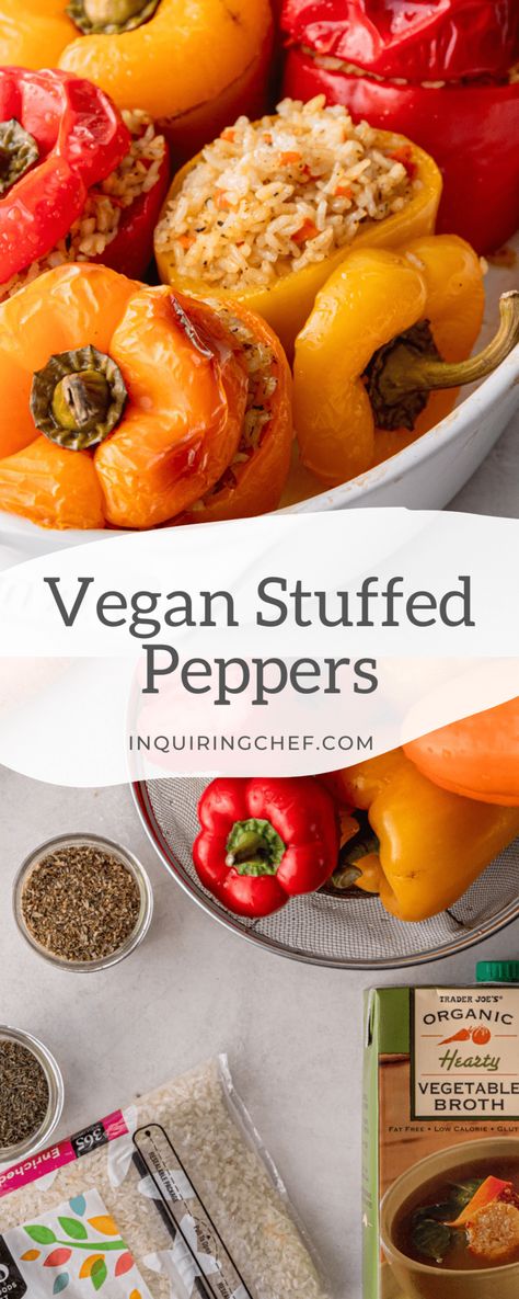 Savory vegetable and rice stuffed peppers are here to perk-up your next vegan meal. This recipe uses just a few basic ingredients that you likely already have in your kitchen, which means you can make these on the fly when time is short and your family is hungry! Vegan Stuffed Bell Peppers, Vegan Stuffed Peppers, Stuffed Peppers With Rice, Vegan Entree, Vegan Sausage, Vegan Main Dishes, Vegan Meal Prep, Peppers Recipes, Quick Dinner Recipes