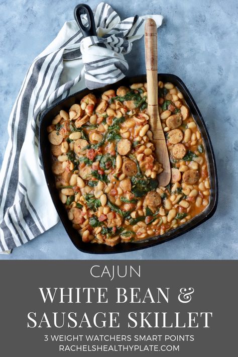 Cajun White Bean and Sausage Skillet - Rachel's Healthy Plate Weight Watchers Bean Recipes, Healthy Andouille Sausage Recipes, Weight Watchers Chicken Soup, White Bean And Sausage, Sausage Beans, Andouille Sausage Recipes, Sausage Skillet, White Bean Recipes, Chicken Sausages