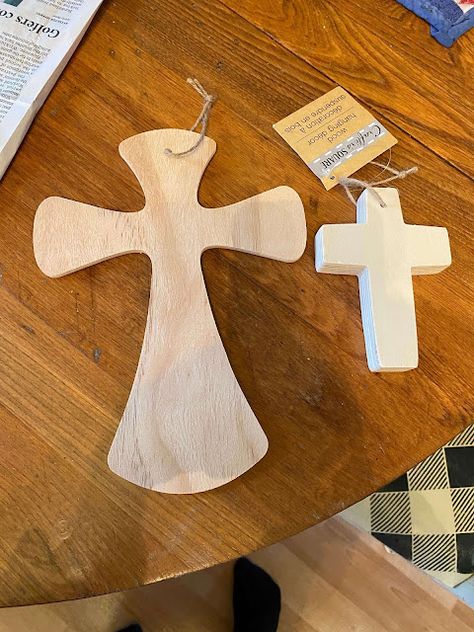 Decoupage Cross Ideas, Dollar Tree Crosses, Wood Cutouts Ideas, Painted Wooden Crosses Ideas, Dollar Tree Cross Crafts Diy, Wood Cross Painting Ideas, Diy Wooden Crosses Ideas, Cross Ornaments Diy, Easter Cross Crafts