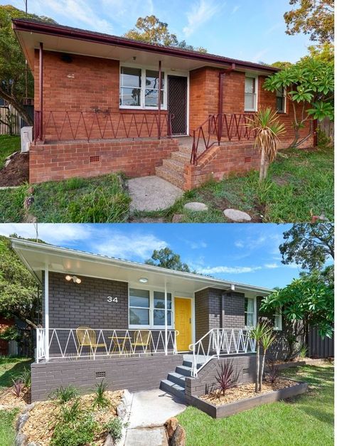 Red Brick House Before And After, 70s House Exterior Makeover Brick, Update Old Brick House Exterior, Red Brick House Renovation, Old Red Brick House Exterior, Old Brick House Renovation, 70s Brick House Makeover, 80s Brick House Makeover, Red Brick House Makeover