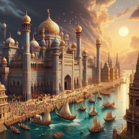 Arabic City Concept Art, Fantasy Arabian City, Arabian Palace Fantasy Art, Fantasy Middle Eastern City, Unique Buildings Architecture, Medieval Arabic City, City Layout, Mystical Places, Concept Art World