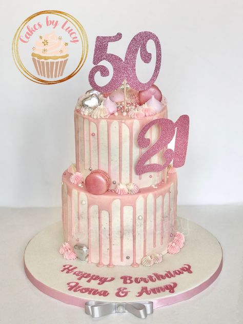 2 tier pink drip 50th and 21st birthday Birthday Drip Cake, 21 Bday, 21st Birthday Cakes, 50th Birthday Cake, 50th Party, Drip Cake, Drip Cakes, 21st Birthday, 50th Birthday