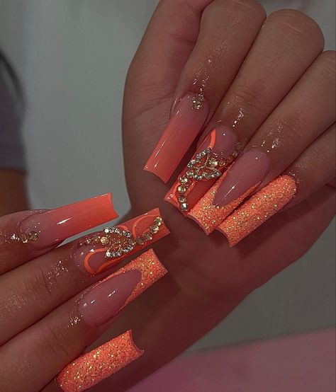 Orange Acrylic Nails, Hard Nails, Spring Nail Designs, Colored Acrylic Nails, Girly Acrylic Nails, Brighter Days, Fall Acrylic Nails, Acrylic Nails Coffin Pink, Music Tattoo