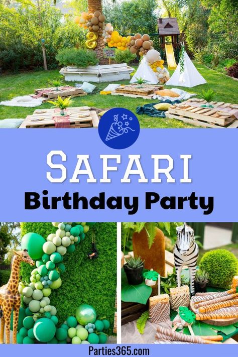 Looking for wild ideas for a Safari Themed Birthday Party? You'll love this backyard party with jungle animals, gorgeous decorations, cake, balloons and more! Click to see all the inspiration... #birthday Backyard Jungle Party, Safari Backyard Party, Born Two Be Wild Birthday Boy, Safari Themed Birthday Party Decoration, Backyard Birthday Party For Kids, Safari Themed Birthday Party, Safari Theme Birthday Party, Safari Birthday Party Decorations, Cake Balloons