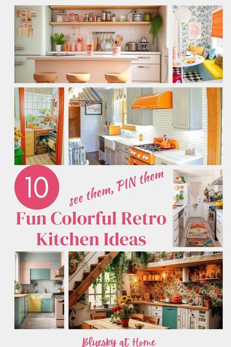 Discover 10 Fun Colorful Retro Kitchens to Inspire You. Let the fun vibe of retro kitchens give new life to your kitchen. Add color and a retro boho kitschy style to your kitchen. Combine bright or pastel colors with vintage elements for a style that is fresh and fun. Whimsical Kitchen Ideas, Retro Glam Kitchen, Colorful Boho Kitchen, Kitschy Style, Retro Modern Kitchen, Colorful Kitchens, Kitchen With Open Shelving, 60s Kitchen, Retro Kitchen Accessories