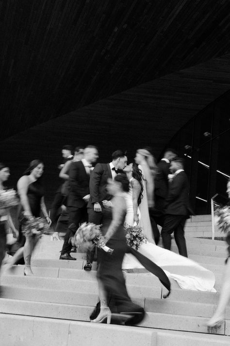 Fun and unique blur motion wedding party poses for luxury downtown Calgary wedding couples. Modern black and white photography by documentary style photographer Paola Hesse Photo Documentary Style Wedding Photography, Party Poses, Wedding Party Poses, Downtown Calgary, Documentary Wedding Photos, Calgary Wedding, Cool Poses, Documentary Wedding, Industrial Wedding