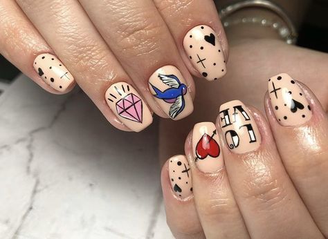 Tattoo Style Nails, Traditional Tattoo Nail Art, Tattoo Inspired Nails, Traditional Tattoo Nails, Nails Hombre, Tattoo Nail Art, Tattoo Nails, Nail Vibes, Western Nails