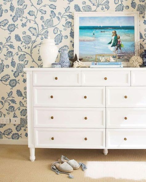 16 Coastal Dresser Styling Ideas » Lady Decluttered Coastal Bedroom Dresser Decor, Beach House Dresser, Coastal Dresser Decor, Coastal Grandmother Room, Dresser Styling Ideas, Beachy Dresser, White Bedroom Dresser, Rich Bedroom, White Coastal Bedroom