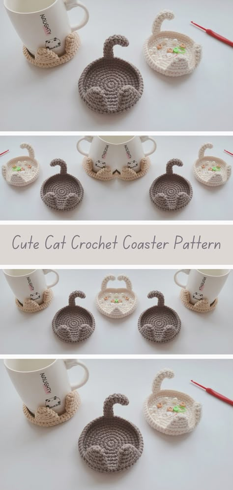 Crochet Cat Cup Coaster, Crocheted Coffee Cup Coasters, Kitty Coasters Free Pattern, Crochet Cat Mug Rug, Crochet Patterns Decorations, Crocheted Cat Coasters, Cute Coaster Crochet Pattern Free, Crochet Cup Coaster Pattern, Crochet Cat Projects