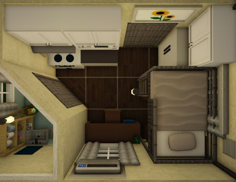 Tiny Apartment Bloxburg, Bloxburg Tiny Apartment Layout, Bloxburg Tiny Apartment, Small Bloxburg Apartment, Zaibatsu Roblox Apartment, Small Apartment Bloxburg, Bloxburg Bunker Ideas, Bloxburg New York Apartment, Bloxburg Studio Apartment