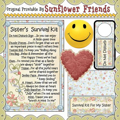 Sister Survival Kit - list to put in container, printable topper is $ .75 for 2 images per page Sister Survival Kit, Nurses Gifts Diy, Basket Baby Shower Gift, Diy Gifts For Christmas, Nurse Things, Survival Kit Gifts, Friends Clipart, Pin Crafts, Alphabet Nursery