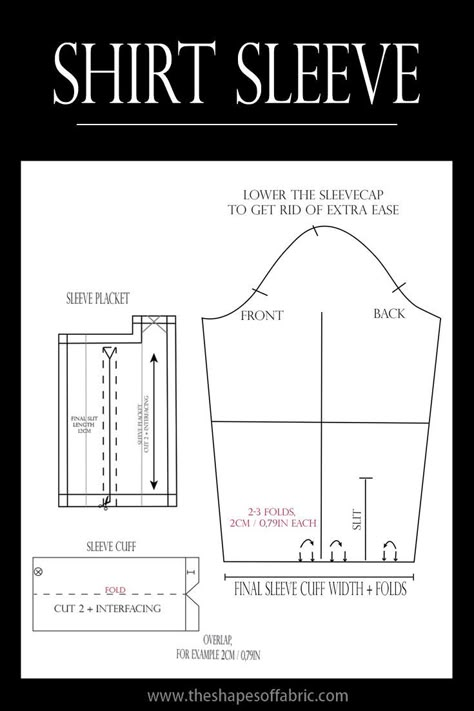 These are the components of a classic shirt sleeve pattern. Click through to find the whole tutorial on how to draft a shirt pattern and get your free sleeve placket pattern pdf. #patternmaking #patterndrafting #sewingpattern #sewing Sleeve Placket Pattern, Shirt Sleeve Pattern, Placket Pattern, Basic Shirts Pattern, Sleeves Tutorial, Pattern Making Books, Manset Lengan, Pattern Making Tutorial, Mens Shirt Pattern