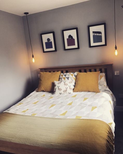 Grey and mustard yellow bedroom, Aztec, retro lightbulb Dark Oak Bedroom, Mustard Yellow Bedroom, Mustard Yellow Bedrooms, Oak Bedroom, Yellow Home Decor, Yellow Bedroom, Black Bedroom, Mustard Yellow, Kids Bedroom