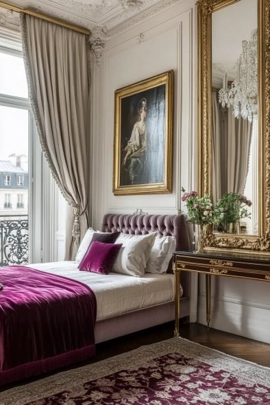 19 Stunning Boudoir Bedroom Ideas that Add Luxury to Your Space Parisian Blue Bedroom, Martha Stewart Bedroom, French Hotel Aesthetic, Small French Bedroom, Blair Waldorf Room Inspiration, Rococo Aesthetic Bedroom, Bedroom Gallery Wall Ideas, Vintage Hollywood Bedroom, Beautiful Bedrooms Master Luxury