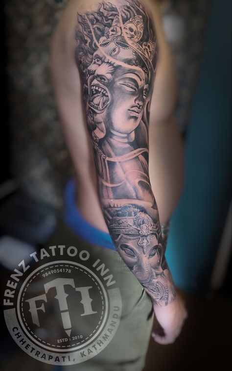 #buddhatattoo #buddha #bhairava #bhairabtattoo #frenztattooinn #ganeshtattoo #ganesha #sleevetattoo #religiontattoo Religion Tattoos, Ganesh Tattoo, God Tattoos, Buddha Tattoo, B Tattoo, Hand Tattoos For Guys, Arm Sleeve, Ganesha, Polynesian Tattoo