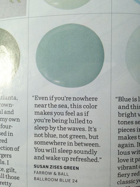 Refreshing color of the sea ... Not quite blue and not quite green.  Very beachy.  Farrow & Ball "Ballroom blue"  @House Beautiful magazine Ballroom Blue Farrow And Ball, Farrow And Ball Blue Green Paint, Farrow And Ball Hazy Blue, Farrow Ball Light Blue Bedroom, Light Blue Green Paint Colors Behr, Farrow And Ball Light Blue 22, Blue Cabinet, Stone Cabin, Bedroom Sanctuary