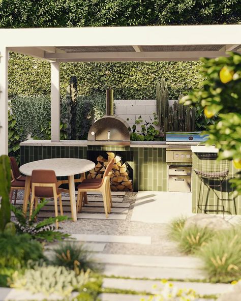 Garrett Reger (@reger_regenerative) • Instagram photos and videos Midcentury Modern Outdoor Kitchen, Simple Outdoor Grilling Area Patio Ideas, Tiled Outdoor Kitchen, Coastal Outdoor Kitchen, Kitchen Island Wall, Sketchup Architecture, Dream Outdoor Kitchen, Backyard Renovations, Backyard Kitchen