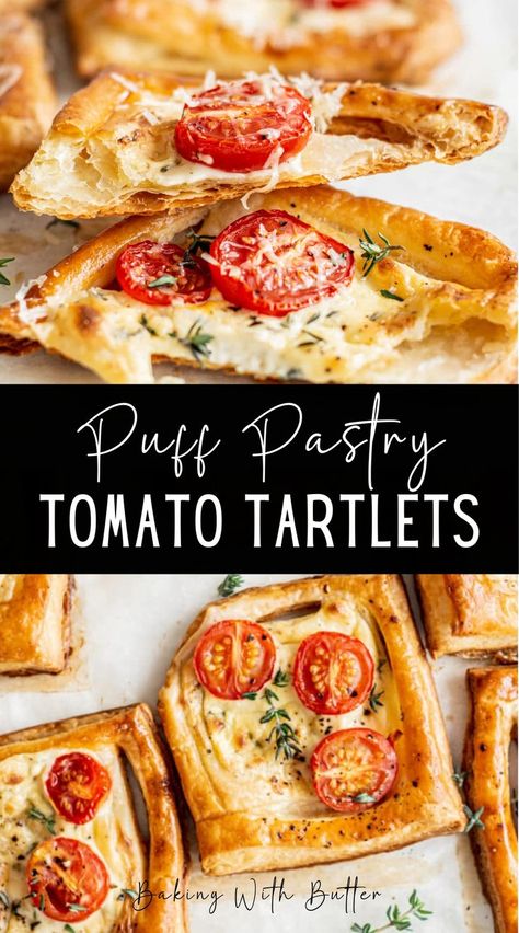 Flaky puff pastry tomato tartlets with homemade rough puff pastry, herbed cream cheese, and juicy tomatoes. Sprinkled with parmesan cheese and fresh thyme. This recipe makes individual tartlets though you could easily make one large puff pastry tomato tart too! It makes the most delicious appetizer or light lunch. Tomato Tartlets, Puff Pastry Tomato, Tomato Tart Puff Pastry, Herbed Cream Cheese, Puff Pastry Recipes Savory, Cream Cheese Puff Pastry, Savory Puff Pastry, Rough Puff, Rough Puff Pastry