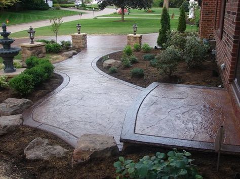 Stamped Concrete Entryway Stamped Concrete Patio Designs, Stamped Concrete Walkway, Diy Concrete Patio, Stamped Concrete Driveway, Design Per Patio, Cement Patio, Concrete Patio Designs, Concrete Patios, Colorful Patio