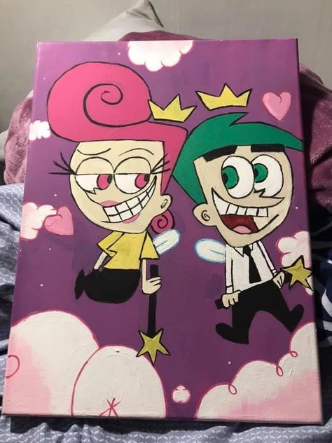 Cartoons Painting, Love Cartoon Painting, 90s Painting Ideas On Canvas, Cartoons To Paint, Cartoon Art Painting Easy, The Fairy Odd Parents Drawings, Proud Family Paintings, Character Paintings On Canvas, Cosmo And Wanda Painting