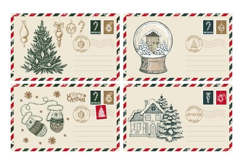 Christmas Mail, Christmas Envelopes, Vector Christmas, Office Christmas Decorations, Office Christmas, Hand Drawn Illustration, Christmas Drawing, Christmas Lettering, Vintage Lettering