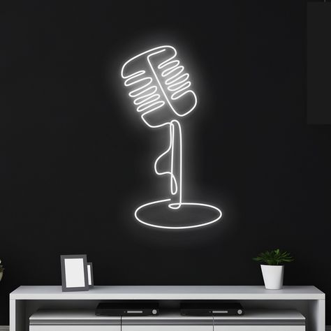 #NeonSignNames #NeonInspiration #NeonSigns #BrightIdeas Podcast Wall Decor, Podcast Sign, Dorm Interior, Custom Microphone, Podcast Room, Record Studio, Music Studio Decor, Karaoke Room, Business Mission